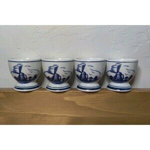 Lot of 4 Vintage Delft Blue & White Hand Painted Egg Cups Windmill